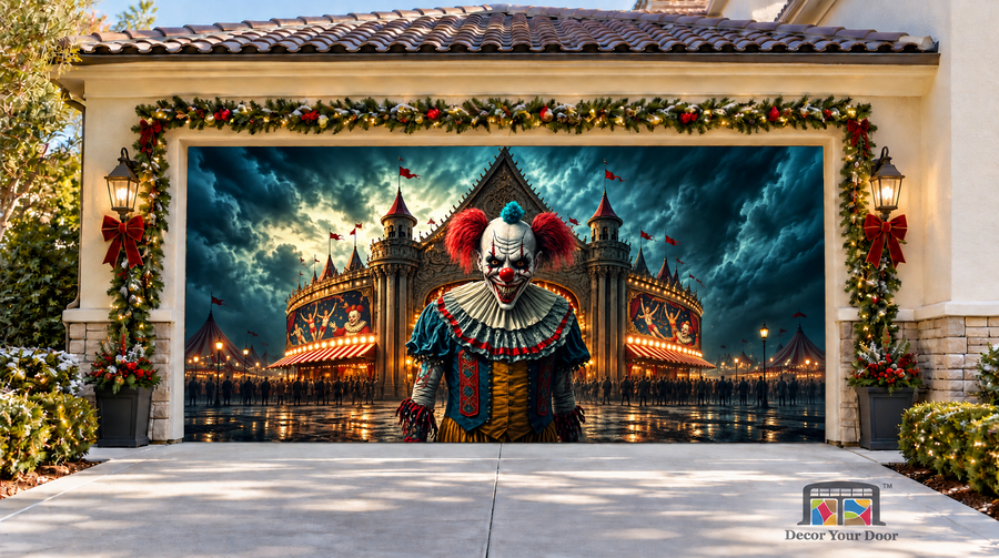 Terrifying Circus Clown Halloween Garage Door Cover — two-car front view