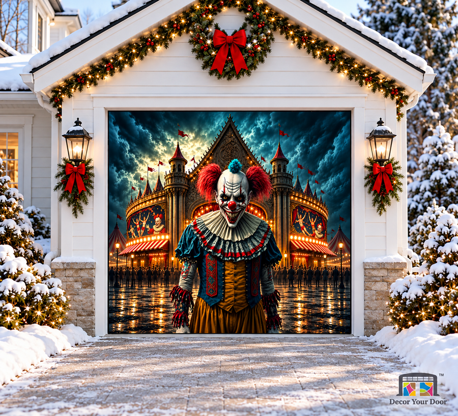 Terrifying Circus Clown Halloween Garage Door Cover — one-car front view
