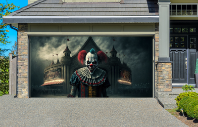 Terrifying Clown In Front Of A Circus Garage Door Cover Wrap Decoration