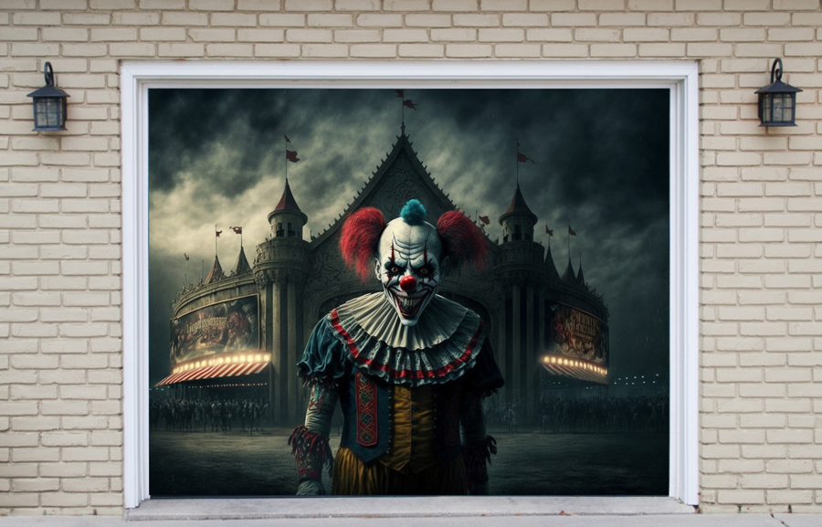 Terrifying Clown In Front Of A Circus Garage Door Cover Wrap Decoration