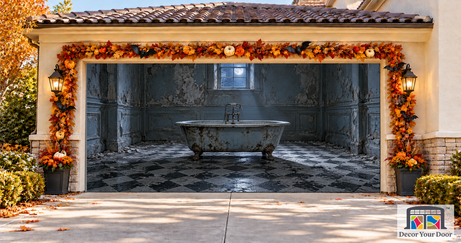 The Abandoned Bath Halloween garage door cover – Two Car front view