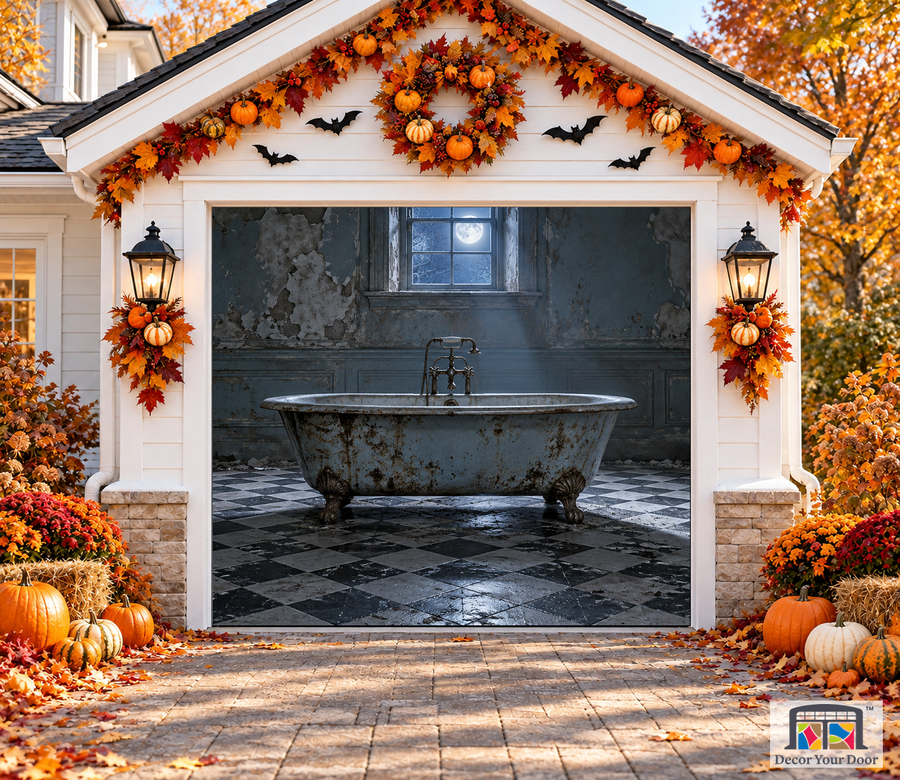The Abandoned Bath Halloween garage door cover – One Car front view