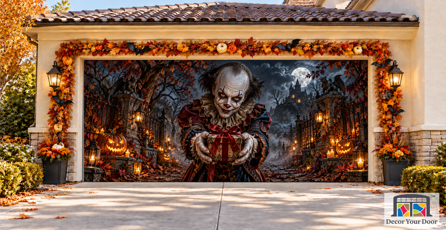 The Clown's Gift Halloween garage door cover – Two Car front view