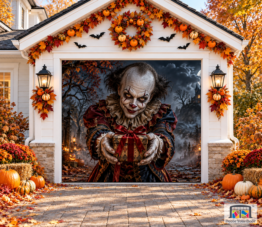 The Clown's Gift Halloween garage door cover – One Car front view