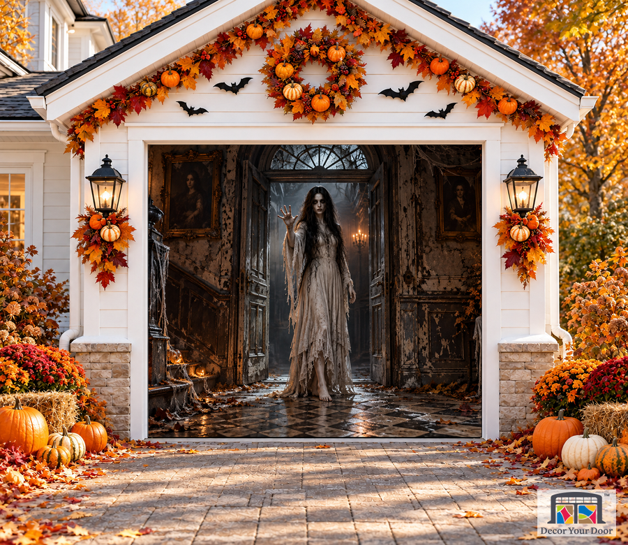 The Doorway Visitor Halloween garage door cover – One Car front view