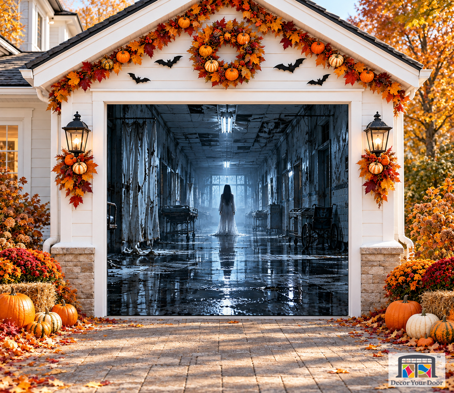 The Empty Corridor Halloween garage door cover – One Car front view