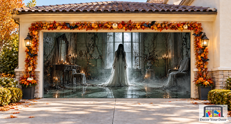 The Green Room Apparition Halloween garage door cover – Two Car front view