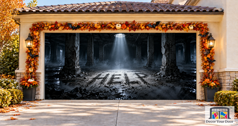 The Last Signal Halloween garage door cover – Two Car front view
