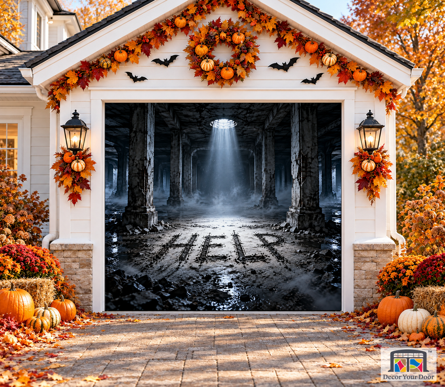The Last Signal Halloween garage door cover – One Car front view