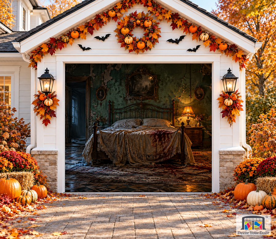 The Locked Bedroom Halloween garage door cover – One Car front view