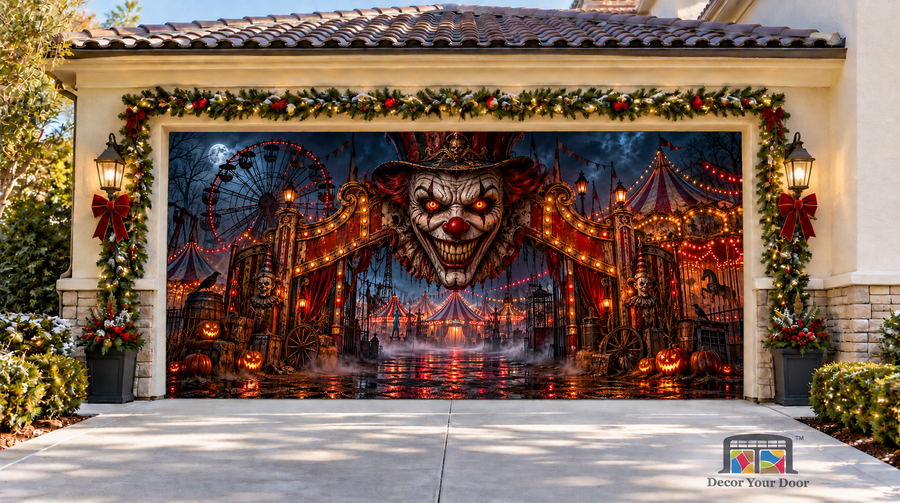 The Nightmare Carnival Halloween Garage Door Cover — two-car front view