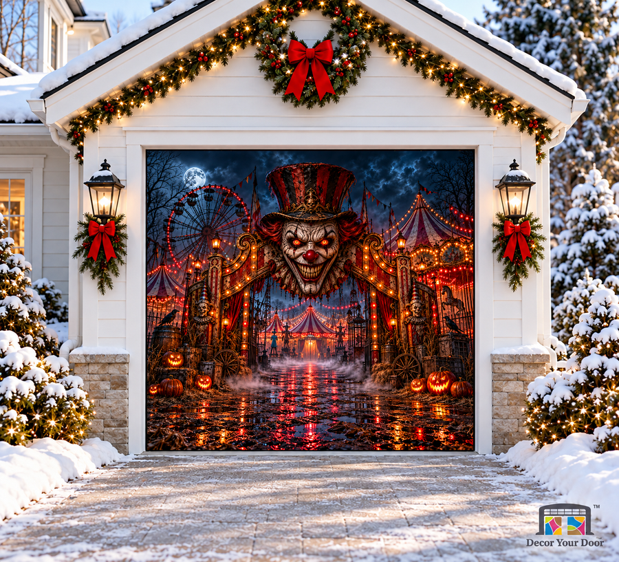 The Nightmare Carnival Halloween Garage Door Cover — one-car front view