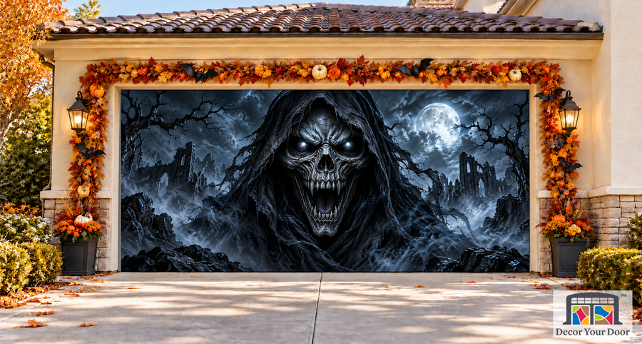 The Screaming Hood Halloween garage door cover – Two Car front view
