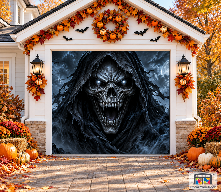 The Screaming Hood Halloween garage door cover – One Car front view