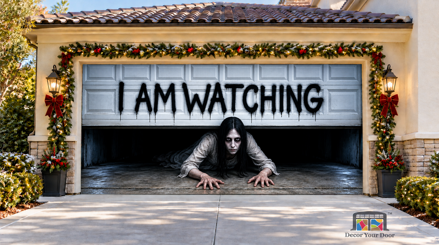 The Watcher Halloween Garage Door Cover — two-car front view