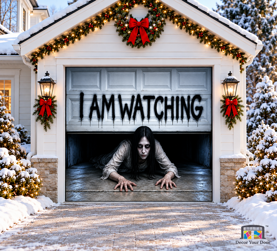 The Watcher Halloween Garage Door Cover — one-car front view