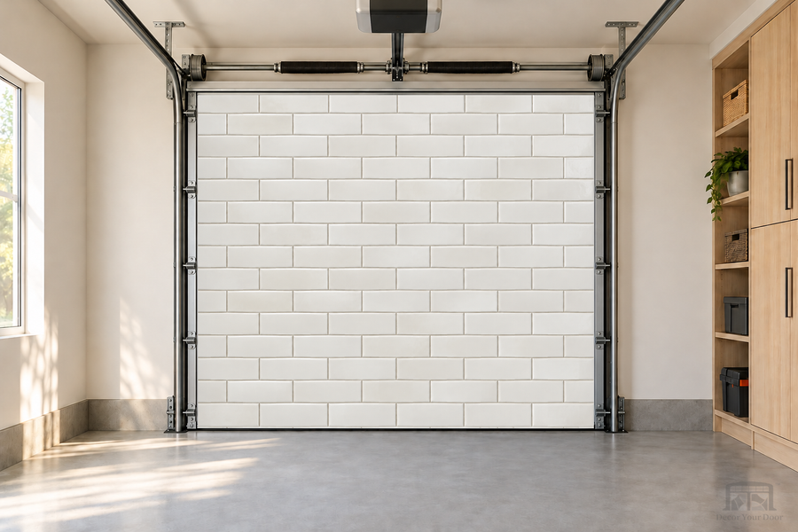 Tile Wall interior garage door cover — one-car front view