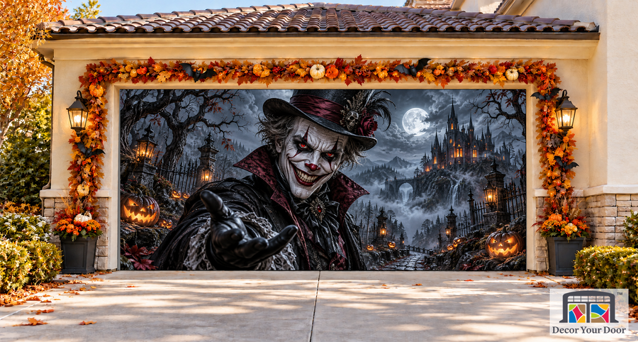 Top Hat Terror Halloween garage door cover – Two Car front view