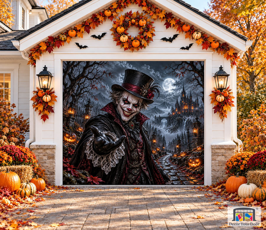 Top Hat Terror Halloween garage door cover – One Car front view