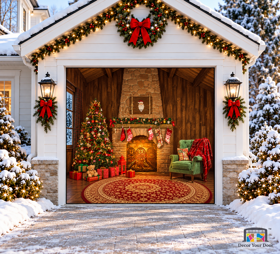 Traditional Christmas Fireplace Garage Door Cover — one-car garage front view