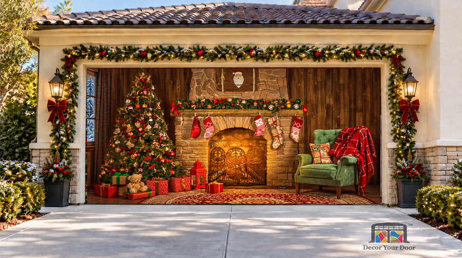 Traditional Christmas Fireplace Garage Door Cover — two-car garage front view