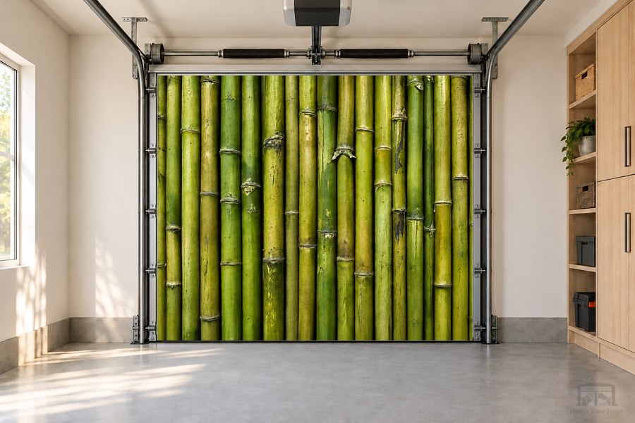 Tranquil Bamboo Wall interior garage door cover — one-car front view
