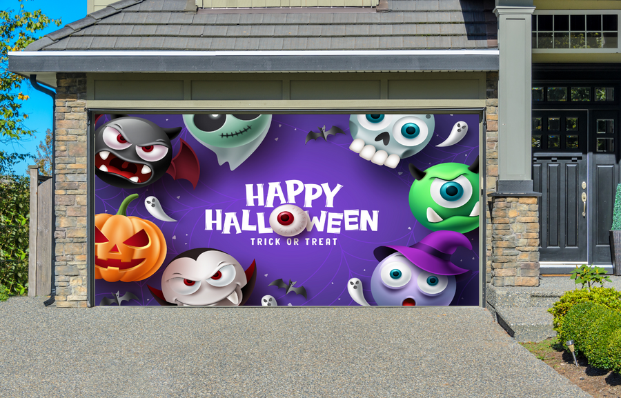 Decoración para puerta de garaje con personajes de mascotas terroríficos, espeluznantes y adorables en morado.