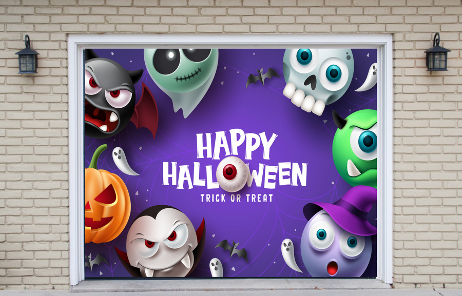 Decoración para puerta de garaje con personajes de mascotas terroríficos, espeluznantes y adorables en morado.