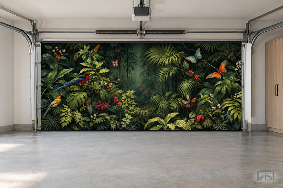 Tropical Aviary Whisper interior garage door cover — two-car garage front view
