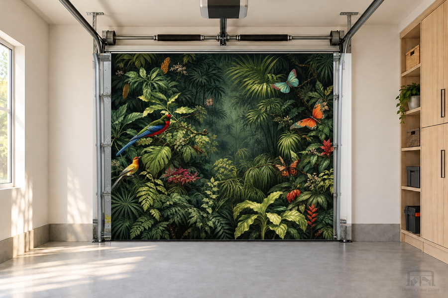 Tropical Aviary Whisper interior garage door cover — one-car garage front view