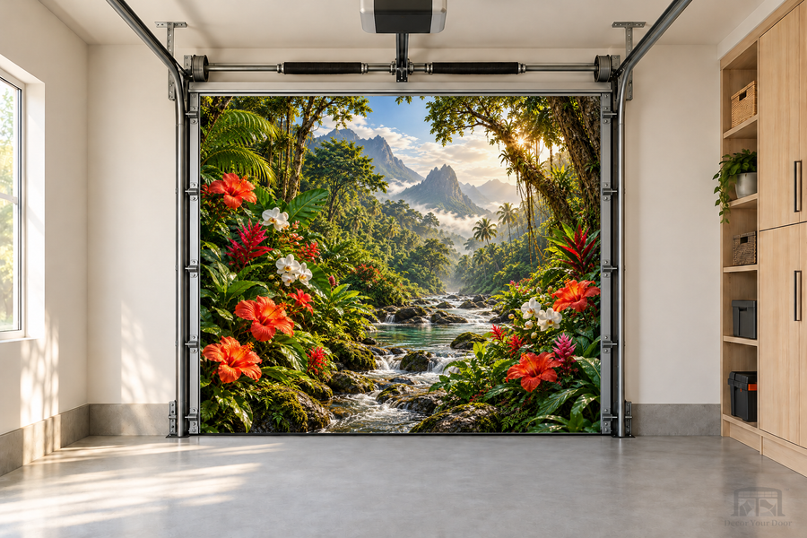 Tropical Paradise Bloom interior garage door cover — one-car front view