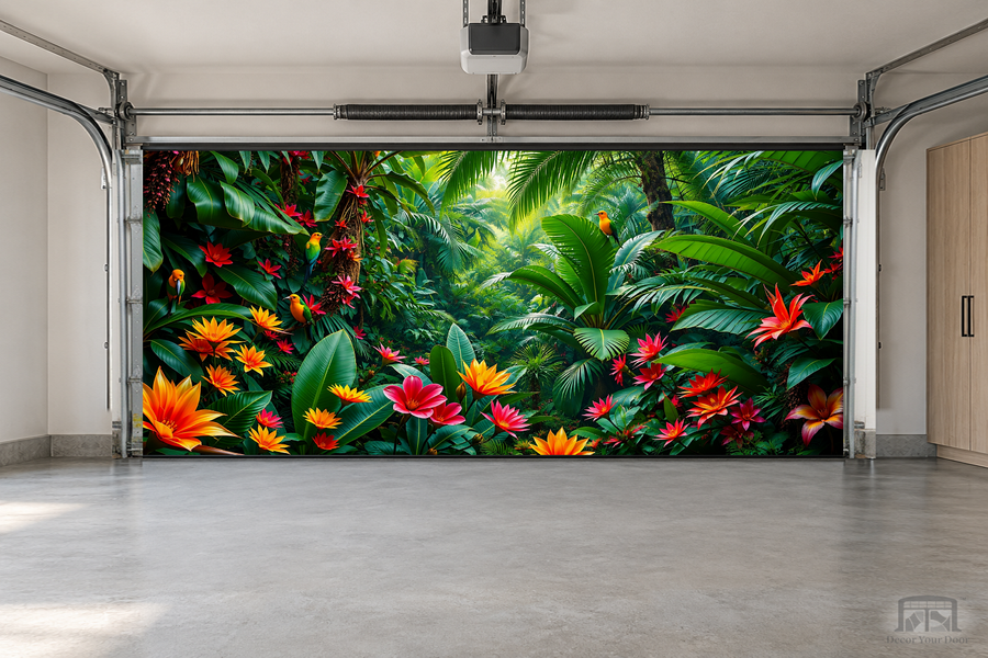 Tropical Paradise interior garage door cover — two-car garage front view