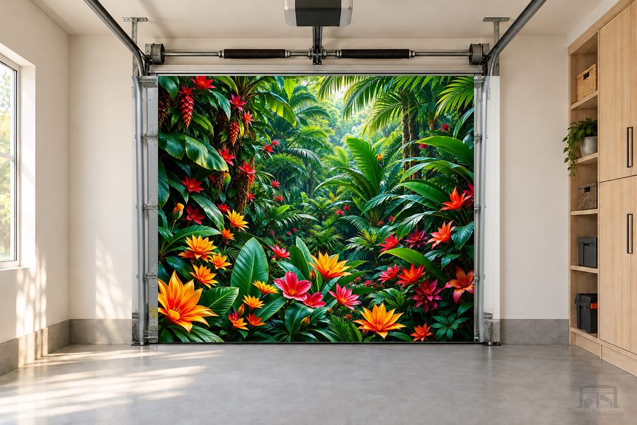 Tropical Paradise interior garage door cover — one-car garage front view