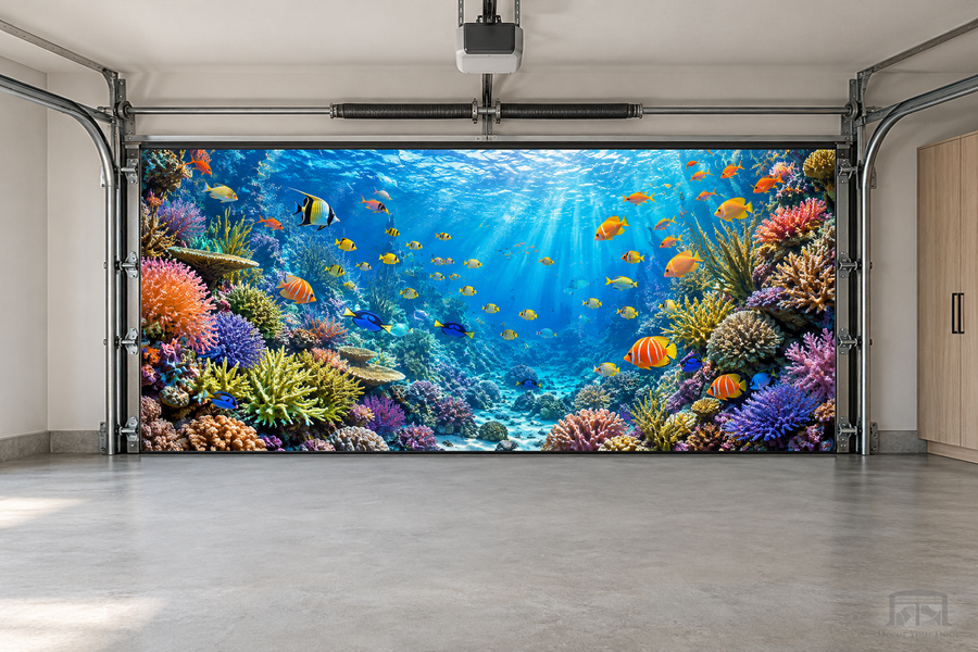 Tropical Reef Symphony interior garage door cover — two-car garage front view