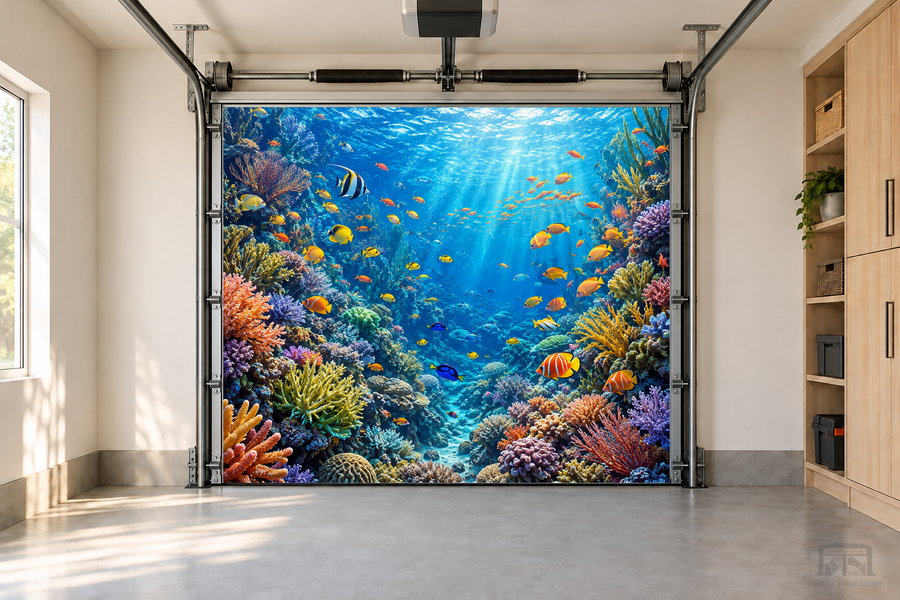 Tropical Reef Symphony interior garage door cover — one-car garage front view