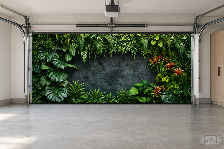 Tropical Serenity Wall interior garage door cover — two-car garage front view