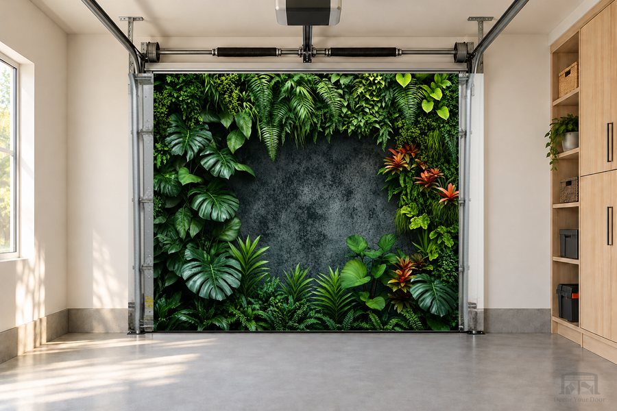 Tropical Serenity Wall interior garage door cover — one-car garage front view