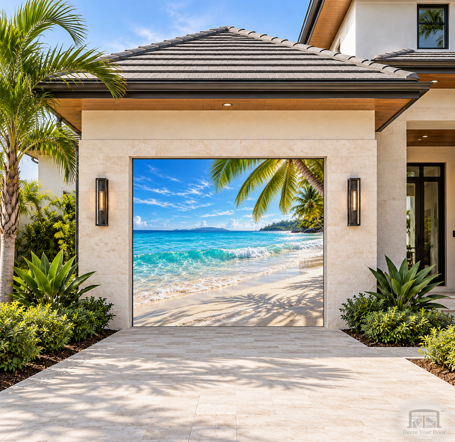 Tropical White Sand Caribbean Garage Door Cover — one-car garage front view