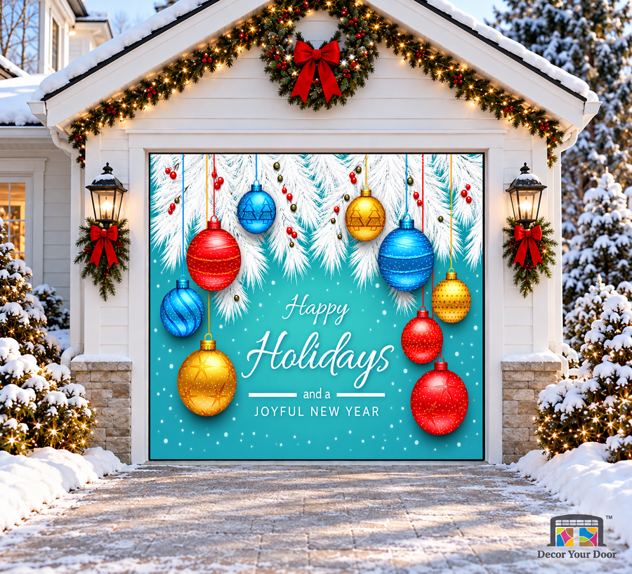 Turquoise Happy Holidays Christmas Garage Door Cover — one-car garage front view