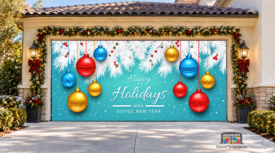 Turquoise Happy Holidays Christmas Garage Door Cover — two-car garage front view