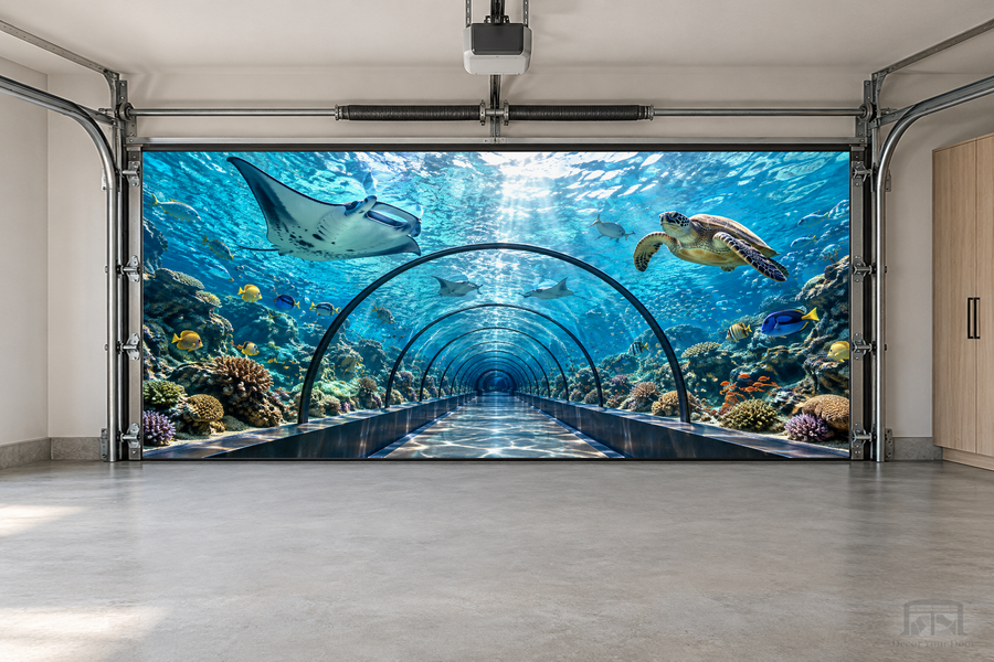 Underwater Paradise Tunnel interior garage door cover — two-car garage front view