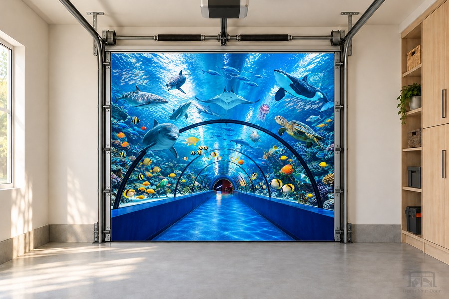 Underwater Paradise Tunnel interior garage door cover — one-car garage front view