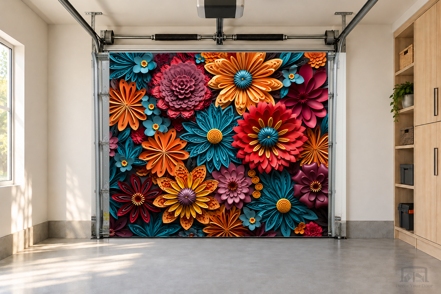 Vibrant Petal Burst interior garage door cover — one-car garage front view