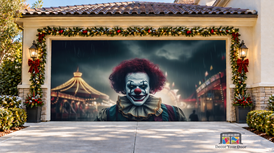 Vintage Circus Evil Clown Halloween Garage Door Cover — two-car front view