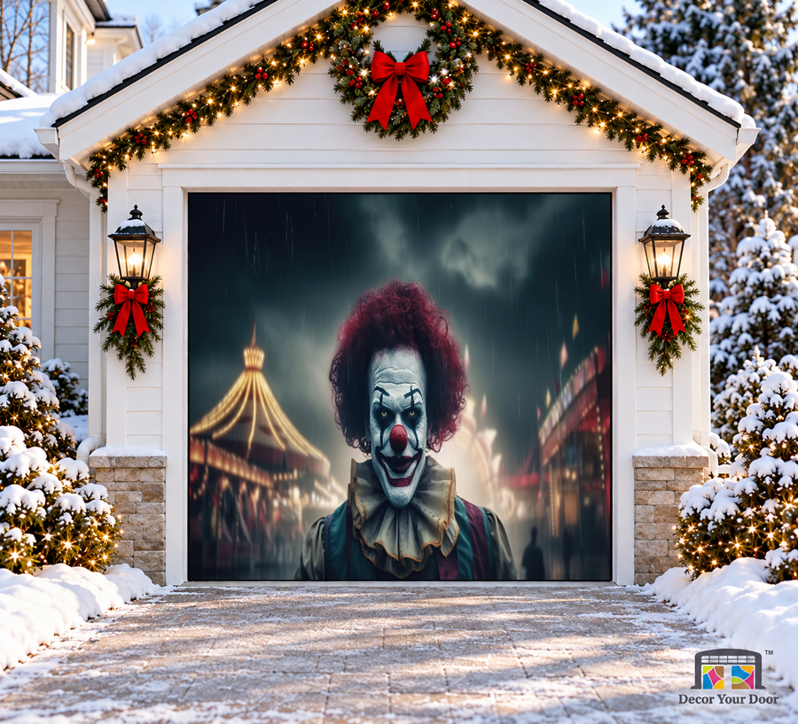 Vintage Circus Evil Clown Halloween Garage Door Cover — one-car front view