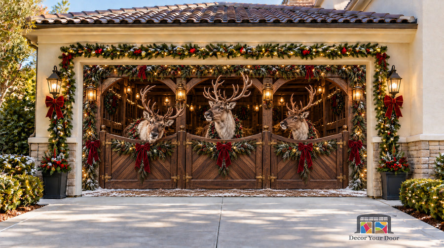 Walnut Reindeer Stable Christmas Garage Door Cover - two-car garage front house view