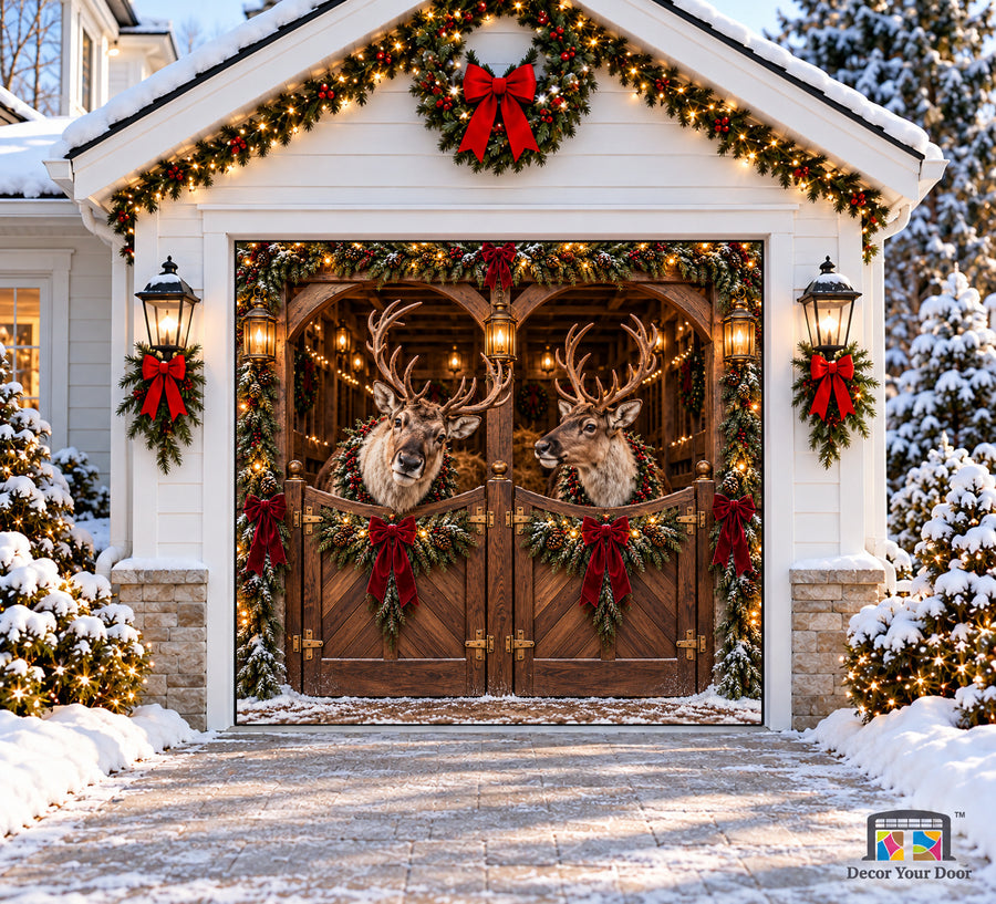 Walnut Reindeer Stable Christmas Garage Door Cover - one-car garage front house view
