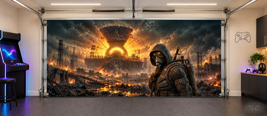 Wasteland Sentinel interior garage door cover — two car front
