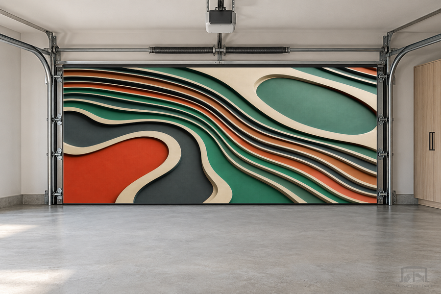Waves of Modernity interior garage door cover — two-car front view