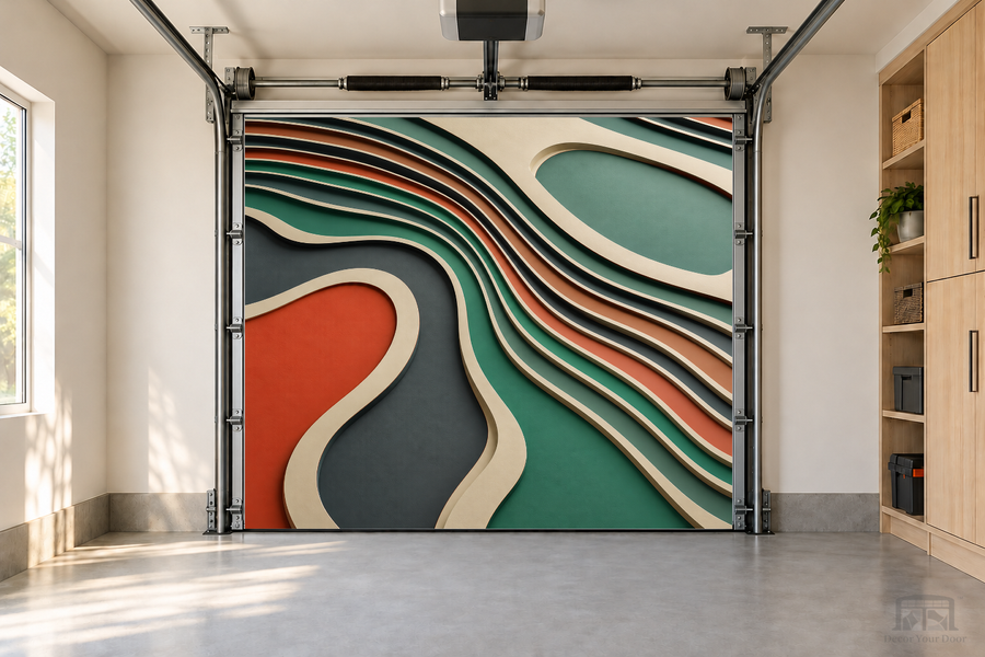 Waves of Modernity interior garage door cover — one-car front view